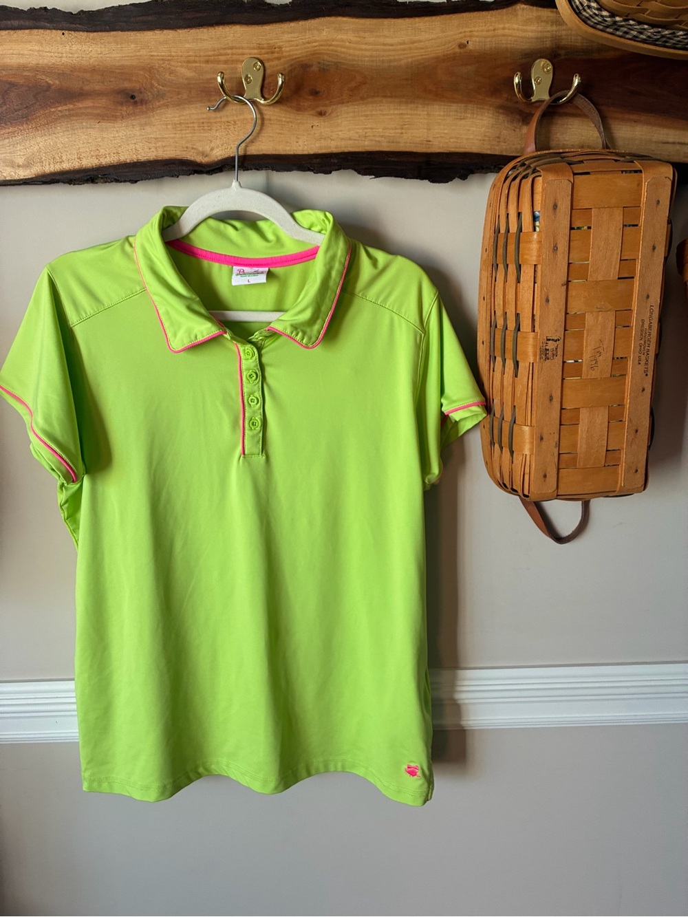 Birdies and Bows Shirt sleeve Golfing Pickleball Lime Green Polo Pink Trim L